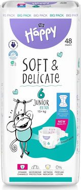 Pieluchy Bella Baby Happy Premium, rozmiar 6, Junior Extra, 15+ kg, 96 sztuk, pieczęć DERMATEST i OEKO-TEX, pieluchy jednorazowe