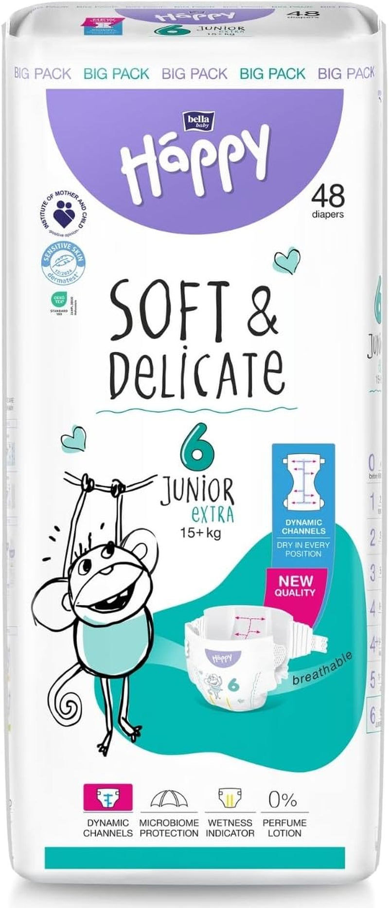 Pieluchy Bella Baby Happy Premium, rozmiar 6, Junior Extra, 15+ kg, 96 sztuk, pieczęć DERMATEST i OEKO-TEX, pieluchy jednorazowe