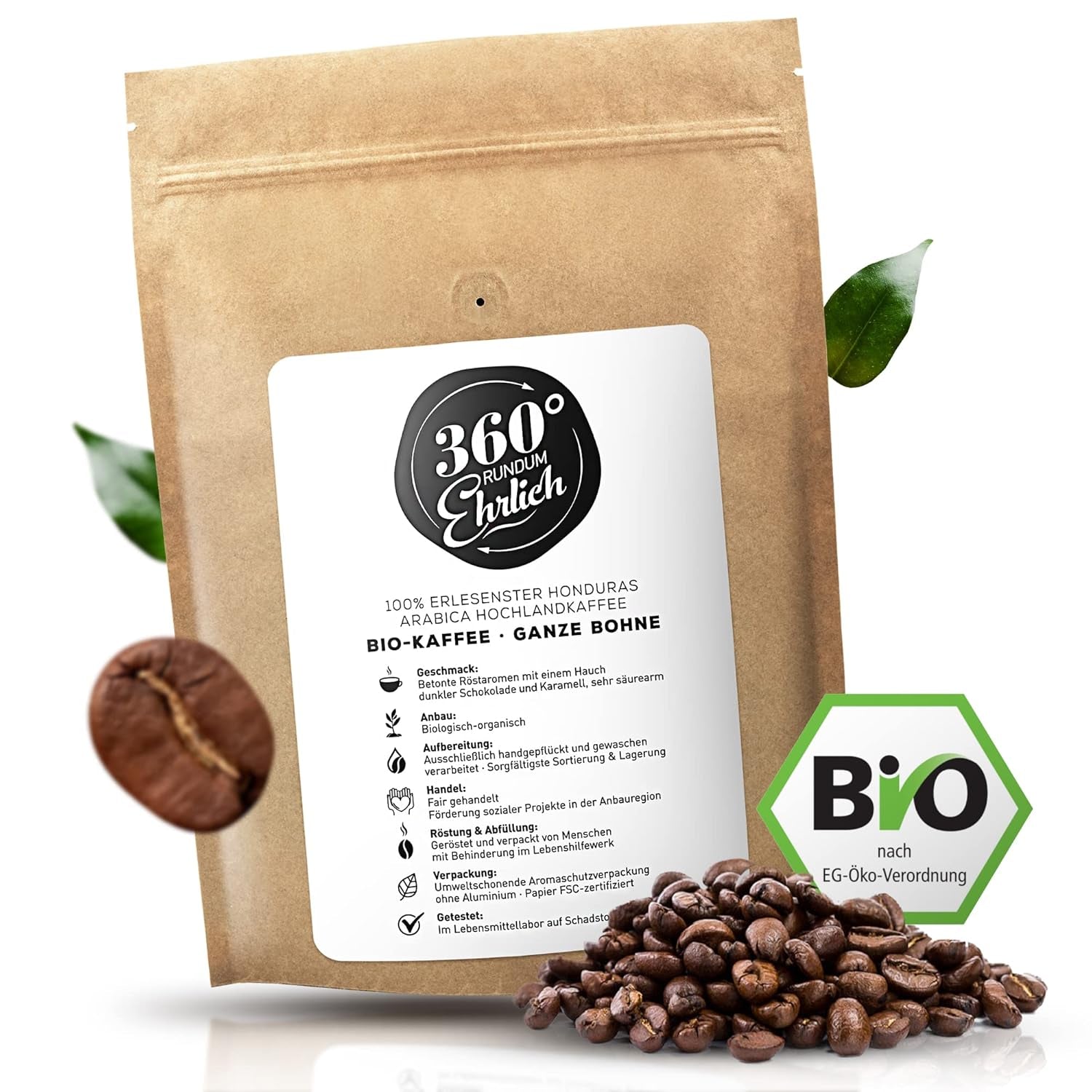 Premium Bio Kaffeebohnen 1000g, 100% Honduras Hochland Arabica Kaffeebohnen Bio - Köstlich, łagodna, säurearm - Bio Kaffee ganze Bohnen - Ideal als Kaffeebohnen Vollaautomat - 360° Rundum Ehrlich
