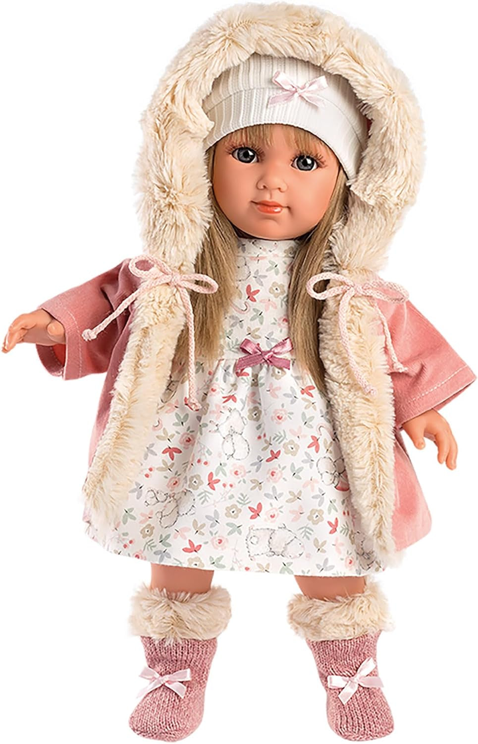 Llorens 1053541 Elena blond włosy, niebieskie oczy moda miękka lalka w zestawie modny strój z płaszczem z kapturem 35cm