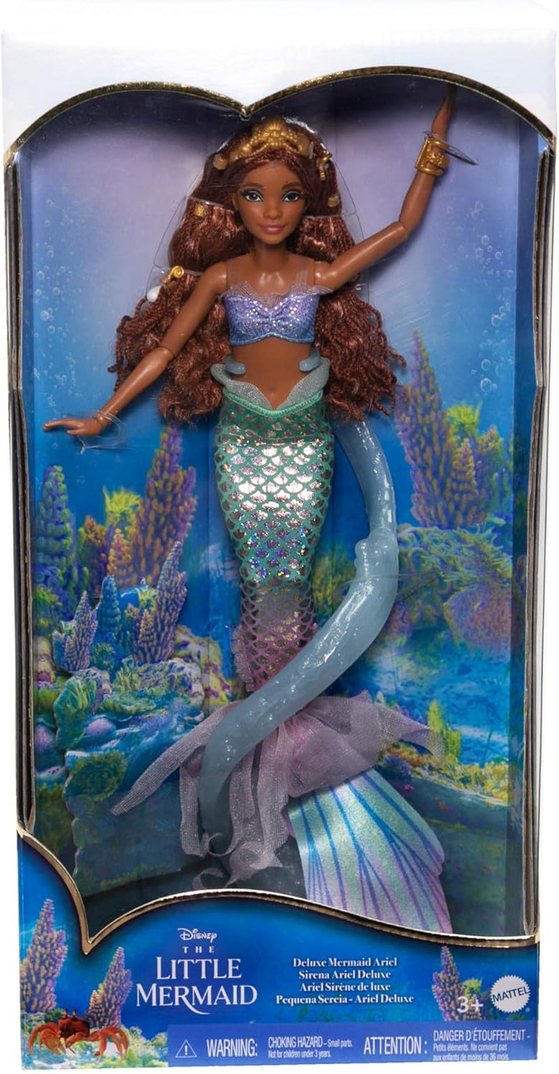 Mattel Disney Ariel Mała Syrenka – lalka syrenka Deluxe z koralikami do włosów i stojakiem dla lalek do kreatywnej zabawy i pokazu, dla dzieci w wieku od 3 lat, HNF42