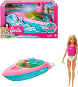 Zestaw łodzi motorowej Barbie, lalka Barbie z blond włosami, różowa kamizelka ratunkowa, łódka, szczeniak, akcesoria, prezenty dla 3+, zestaw lalek Barbie Naty Shop Zestaw łodzi motorowych Barbie