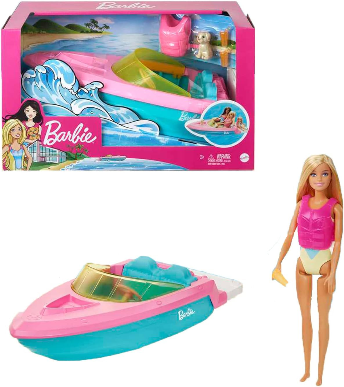 Zestaw łodzi motorowej Barbie, lalka Barbie z blond włosami, różowa kamizelka ratunkowa, łódka, szczeniak, akcesoria, prezenty dla 3+, zestaw lalek Barbie Naty Shop Zestaw łodzi motorowych Barbie