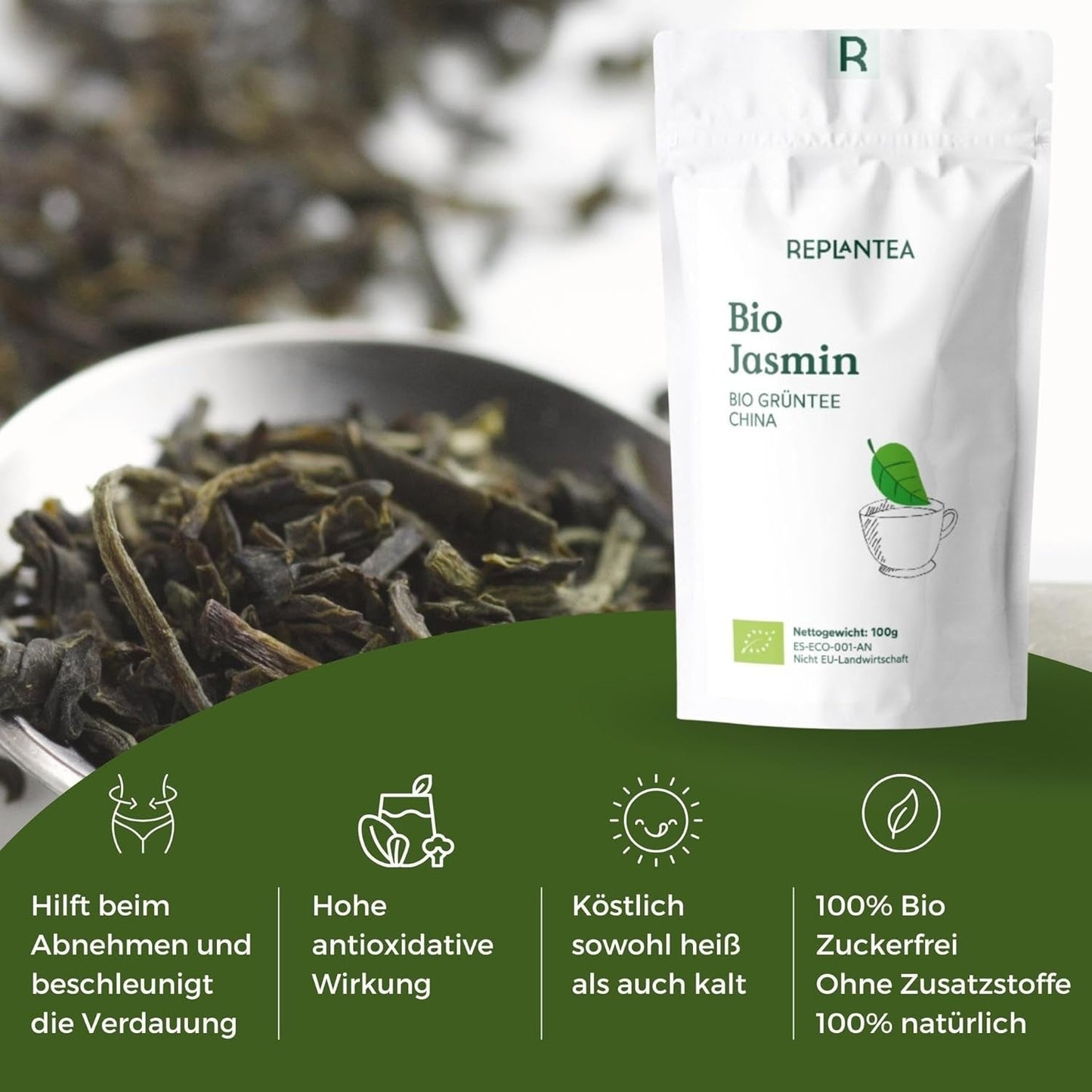 Ekologiczna herbata zielona z jaśminem 100 g (50 filiżanek) | Herbata jaśminowa z Chin luzem, organiczna jakość REPLANTEA