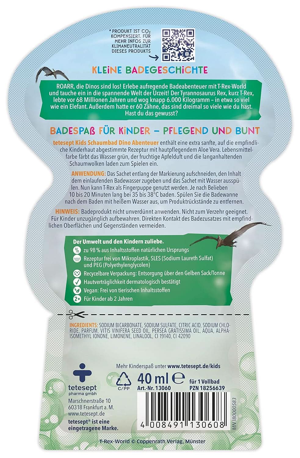 Tetesept Kids Dino - dodatek do kąpieli dla dzieci, pianka, barwi wodę na zielono, 40 ml Naty Shop