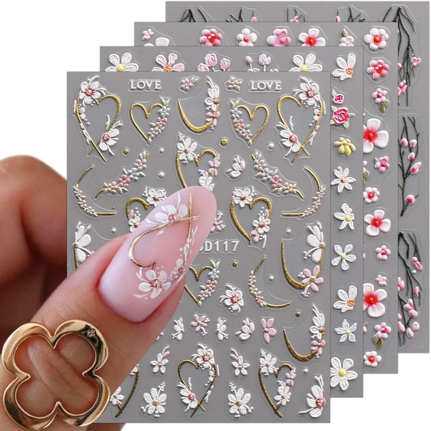 JMEOWIO 3D Nagelsticker Blume Nail Art Naklejka Selbstklebend Nagelaufkleber 5D Stereoskopisch Frühling Letnia dekoracja kwiatowa Nageldesign Zubehör 4 Blatt