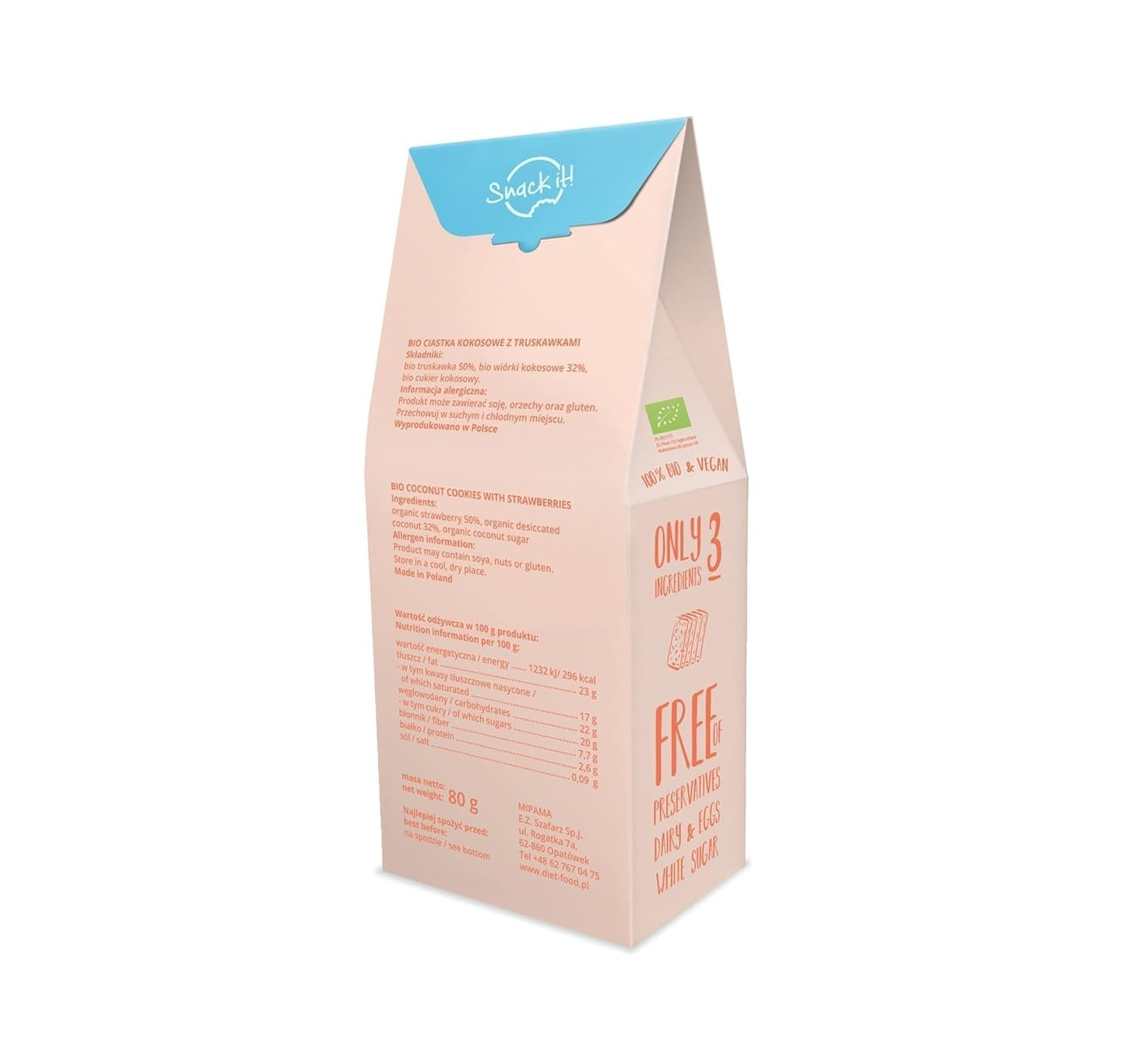 DIET-FOOD Ekologiczne Ciasteczka z Chipsami Kokosowymi i Truskawkami Zdrowa przekąska Pyszne ciasteczka do biura, bez konserwantów 80 g (1 opakowanie)
