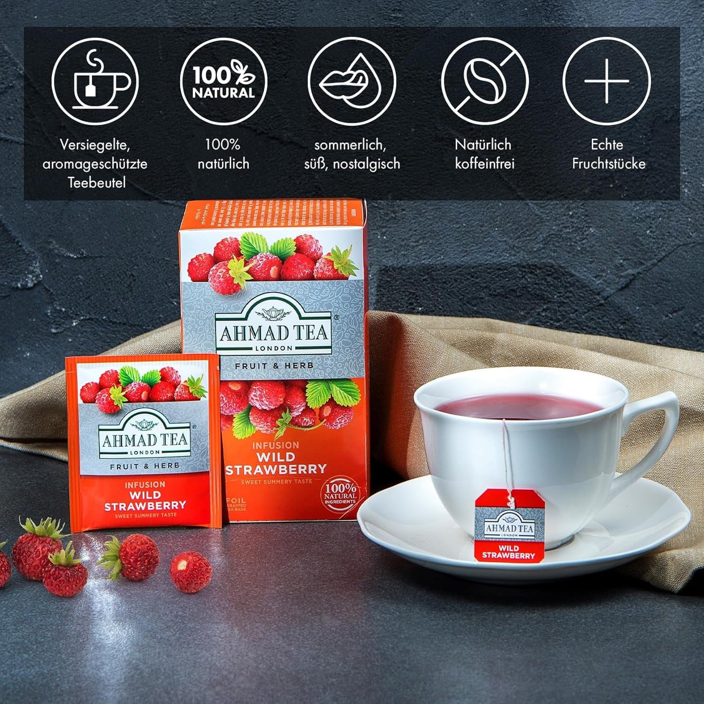 Ahmad Tea - Dzika truskawka - Bezkofeinowa herbata owocowo-ziołowa - Truskawka - Smakowa, pakowana pojedynczo torebka na herbatę zawierająca 2 g herbaty w porcji - 20 torebek z paskiem
