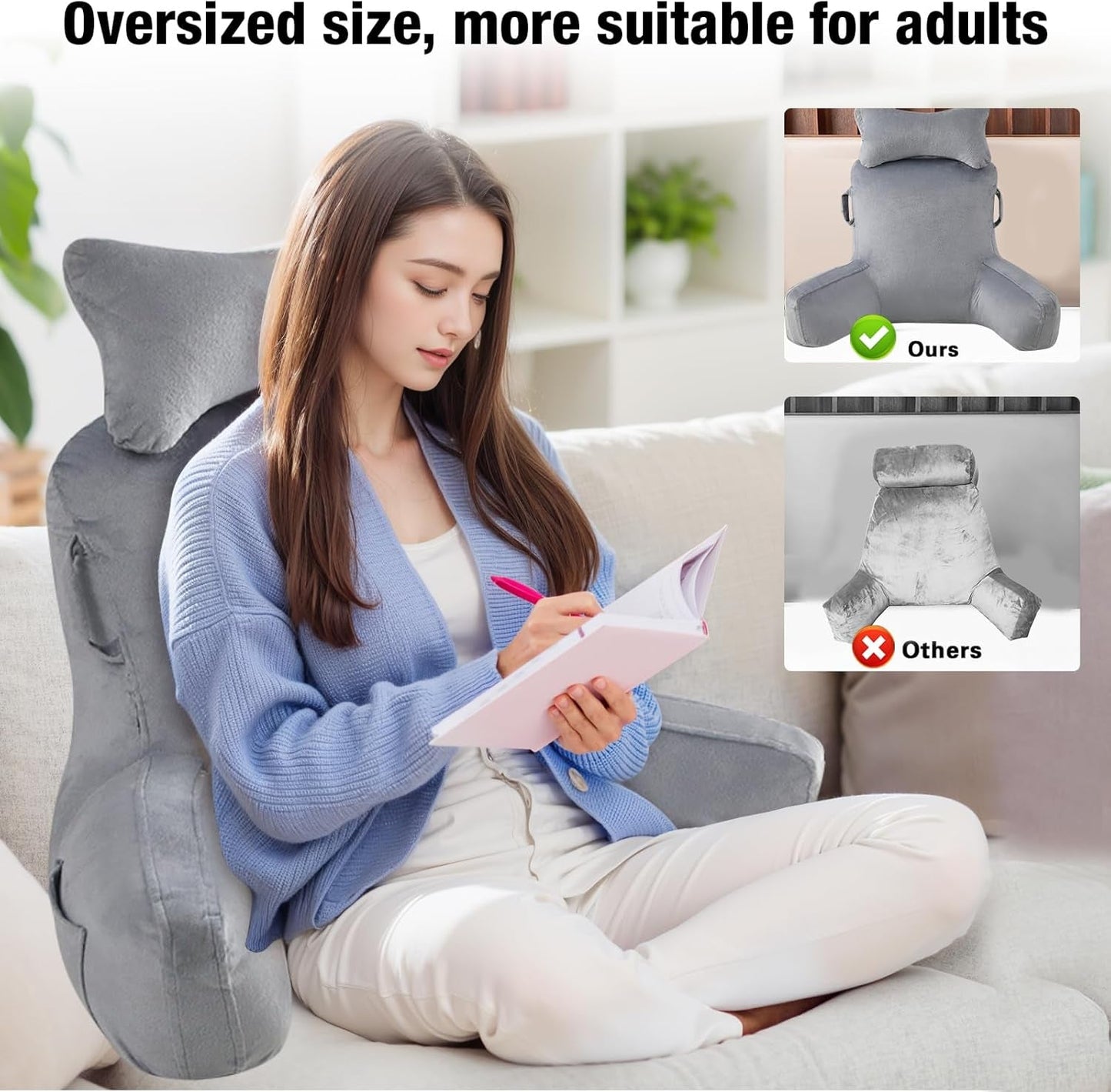 Poduszka do czytania dla dorosłych w łóżku, bardzo duże oparcie do czytania 90x80 cm (szer. x wys.) z odpinanym podparciem szyi i ramieniem podtrzymującym, wygodna poduszka do czytania do łóżka, sofy lub oparcia podłogi
