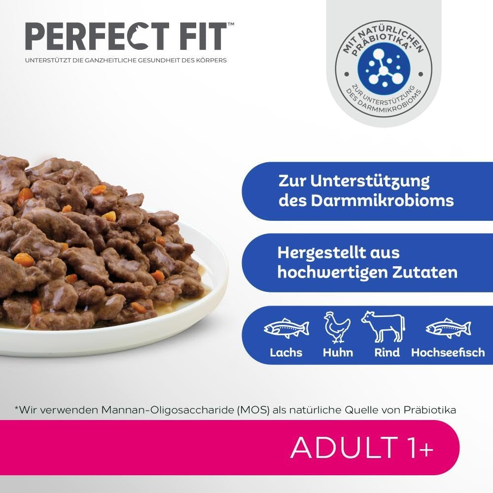 Perfect Fit Adult 1+ wybór mokrej karmy z łososiem, rybami głębinowymi, wołowiną i kurczakiem, 48 saszetek, 12x85g (4 sztuki w opakowaniu) - Mokra karma premium dla dorosłych kotów od 1 roku życia