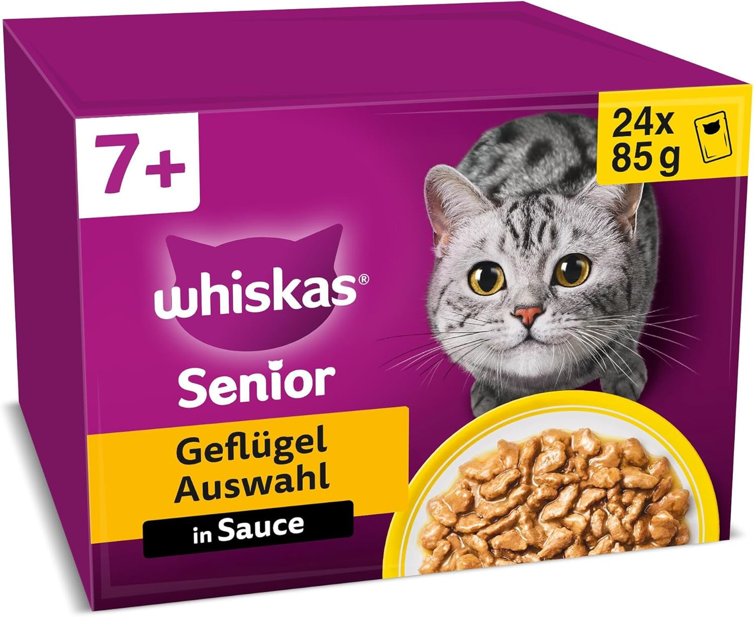 Whiskas 7+ Mokra karma dla kotów Wybór drobiu w sosie 24 x 85 g (2 opakowania) - Wysokiej jakości mokra karma dla kotów od 7 lat w 48 saszetkach