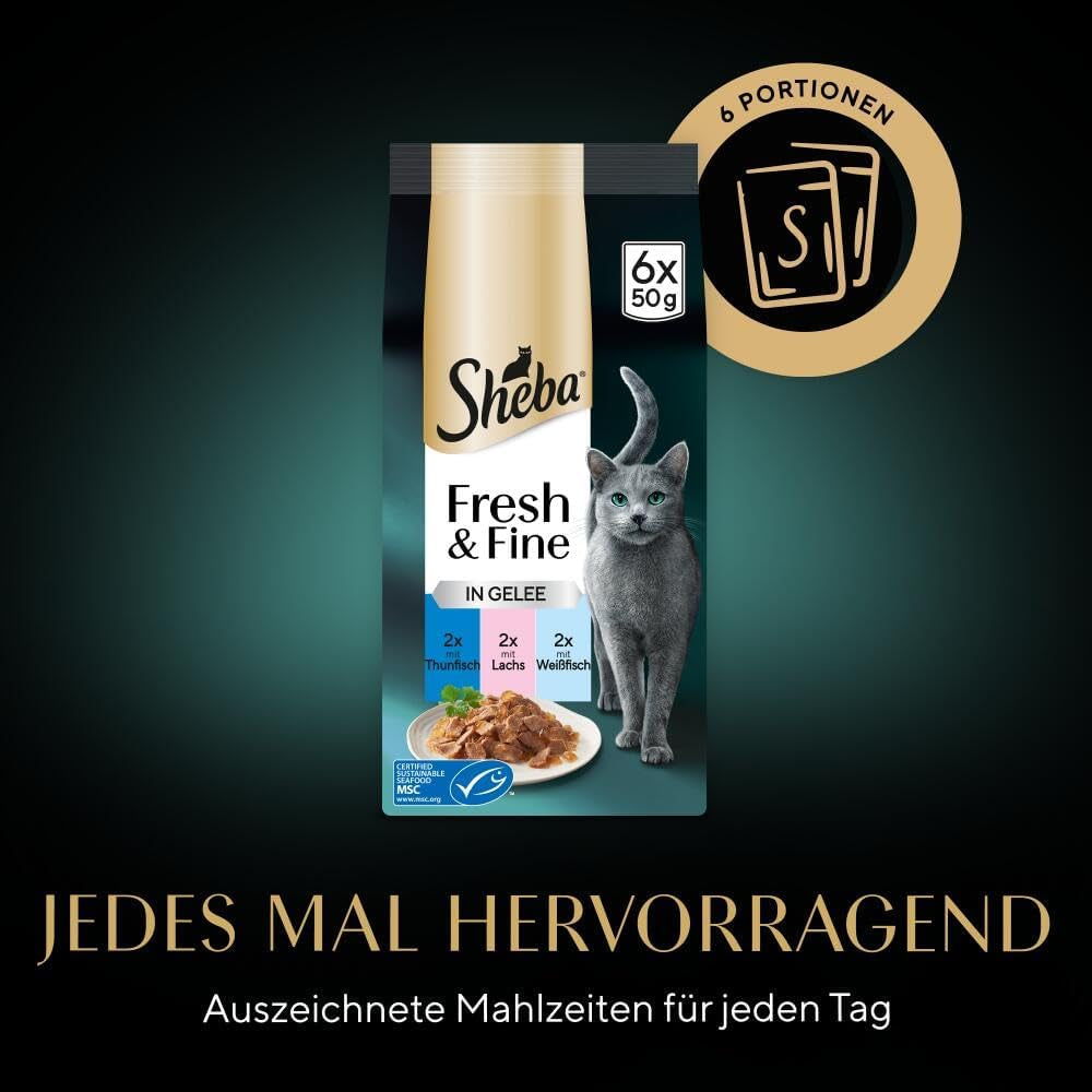 Sheba Portion Pouches Mokra karma dla kotów Multipack Fresh & Fine w galarecie z tuńczykiem i łososiem MSC, 6x6x50g - Zdrowe posiłki dla kotów z galaretką