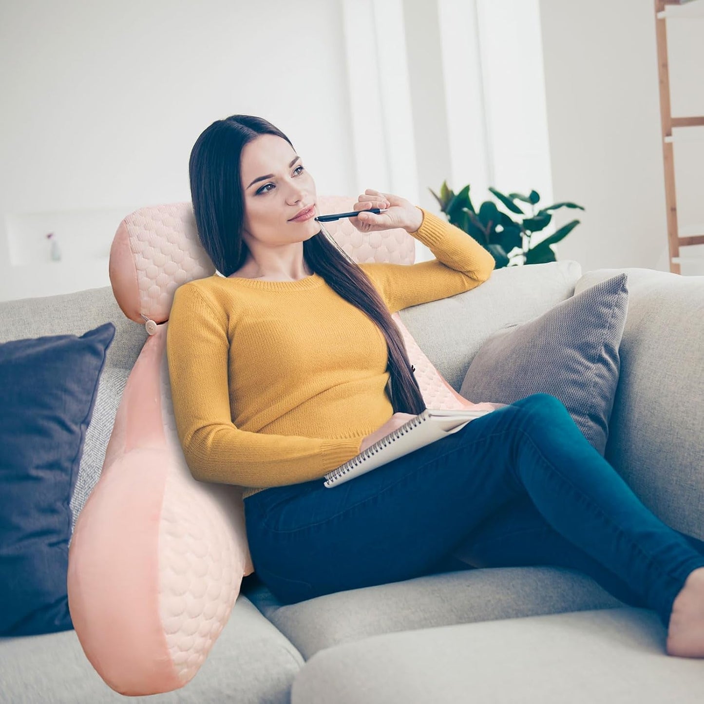 Poduszka do czytania, poduszka na łóżko, bardzo duża poduszka pod plecy dla dorosłych 70x50 cm do czytania z odpinaną rolką pod szyję i ramieniem podtrzymującym, wygodna poduszka do czytania na łóżko i sofę (różowa, bardzo duża)