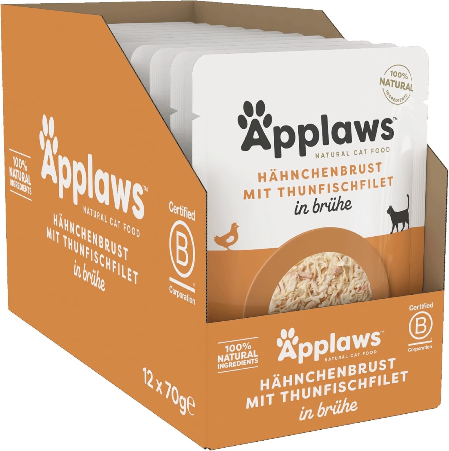 Applaws 100% naturalny Nassfutter für Katzen, Hühnerbrust mit Tunfischfilet in Brühe - Packung mit 12 x 70g Beuteln