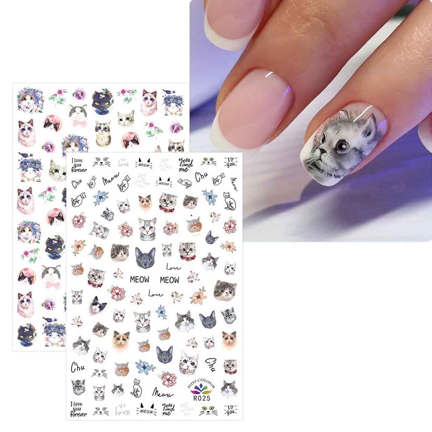 JMEOWIO Nagelsticker Tierische 8 Blatt Nail Art Naklejka Selbstklebend Nagelaufkleber Katze Niedlich Dekoration Nageldesign Zubehör