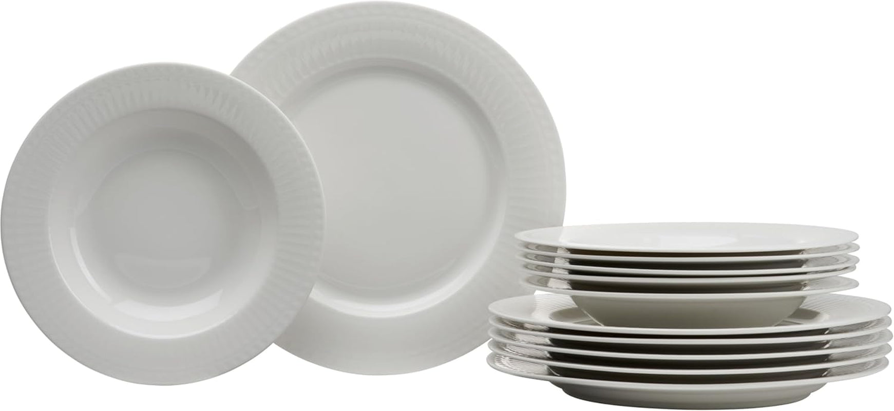 Ritzenhoff & Breker Sofia Tafelservice 12-teilig, Speiseteller (26 cm) i Suppenteller (22 cm) für 6 Personen, Tafel-Set z feinem Rillenrelief, Fine-Dining-Geschirr, Porzellan, Weiß