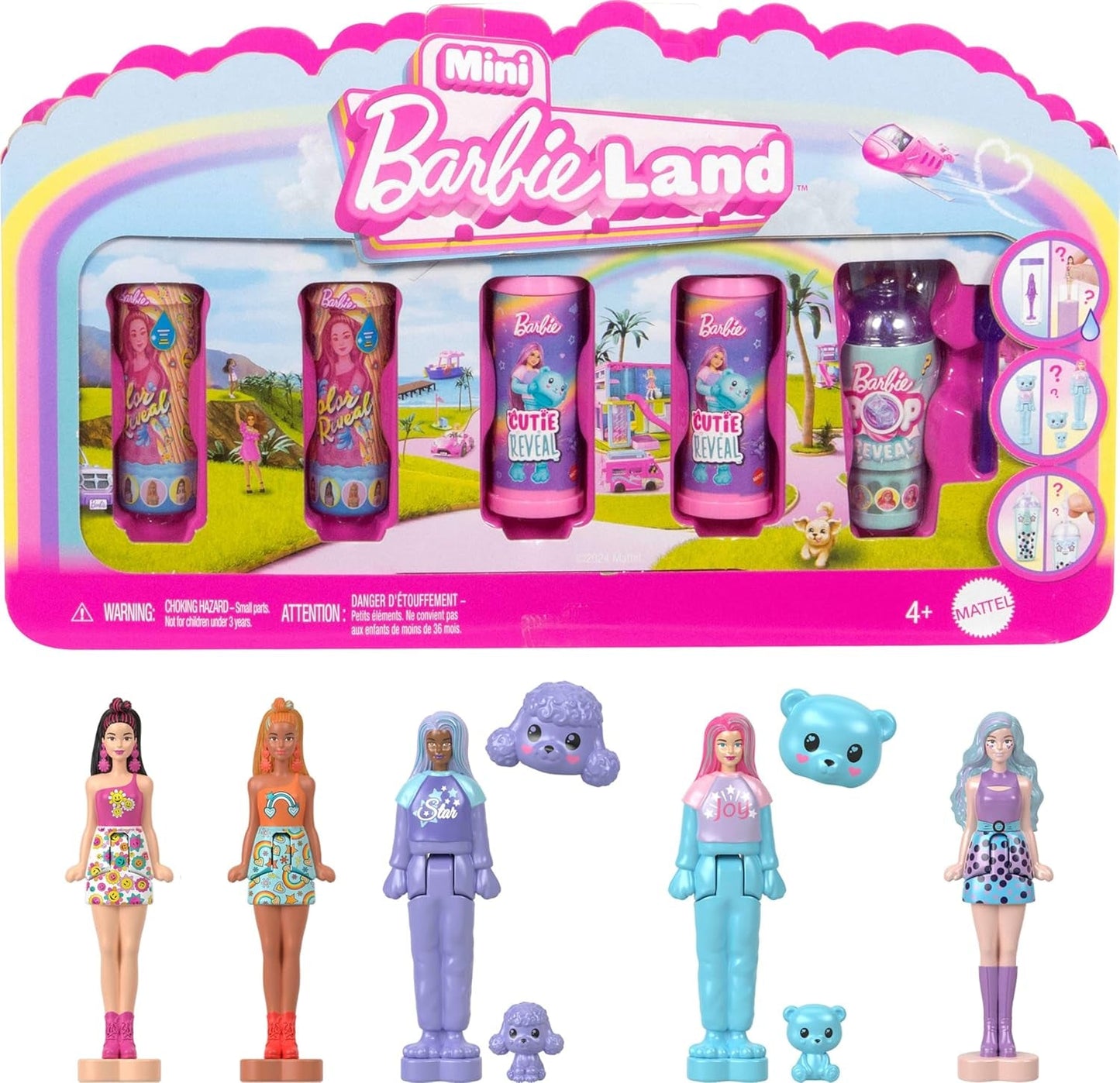 Barbie Mini Barbieland Zestaw 5 lalek fashionistek, ok. Mini lalki o wysokości 3,8 cm w szminkowych rękawach Zestaw z kolekcji niespodzianek (style mogą się różnić), lalki JBD26 Naty Shop, 4 sztuki