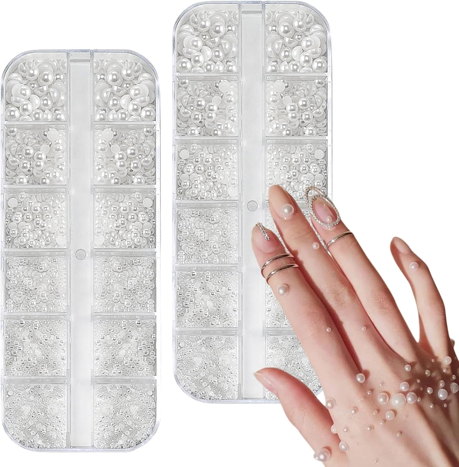 12 Größen Nail Art Perlen, Flache Perlen, Nail Art Accessoires, Halbkreis Nagelperlen, Weiße Nail Charms Und Glitzersteine ​​​​Nägel Für Nail Art Design, DIY Basteln, Alltag, Hochzeit (2 pudełka)