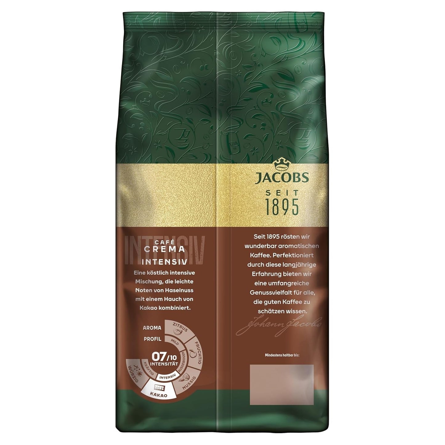 Jacobs Kaffeebohnen Café Crema Intense, intensywny z Kakao- & Nussnote, geröstet w Bremie, Intensität 7/10, Kaffee ganze Bohnen, 1 kg
