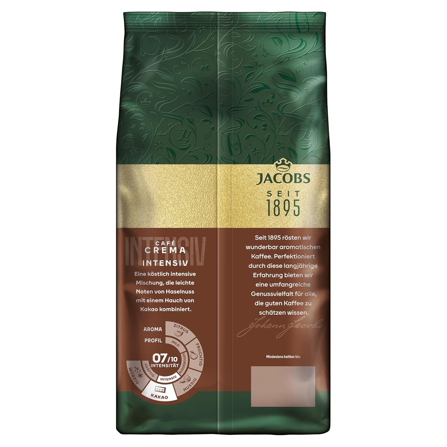 Jacobs Kaffeebohnen Café Crema Intense, intensywny z Kakao- & Nussnote, geröstet w Bremie, Intensität 7/10, Kaffee ganze Bohnen, 1 kg