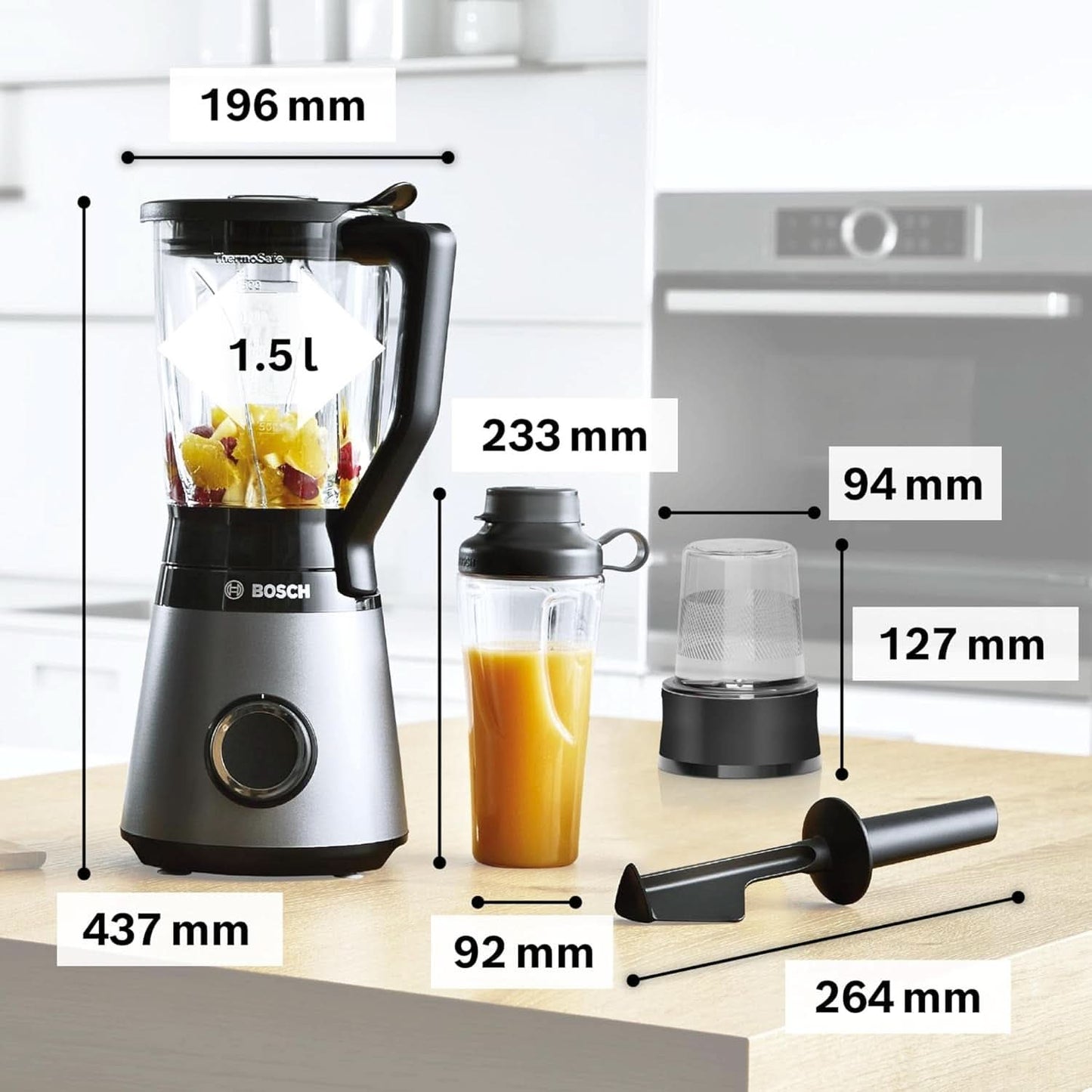 Mikser stojący Bosch Vitapower Serie 4 MMB6177S, Edelstahl-Klingen Made in Germany, 1,5 l Thermosafe Glasbehälter, 0,6 l To-Go-Flasche, Stopfer, Universalzerkleinerer, 30 000 U/Min, 1200 W, Silver Kitchen Naty Shop