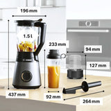 Mikser stojący Bosch Vitapower Serie 4 MMB6177S, Edelstahl-Klingen Made in Germany, 1,5 l Thermosafe Glasbehälter, 0,6 l To-Go-Flasche, Stopfer, Universalzerkleinerer, 30 000 U/Min, 1200 W, Silver Kitchen Naty Shop