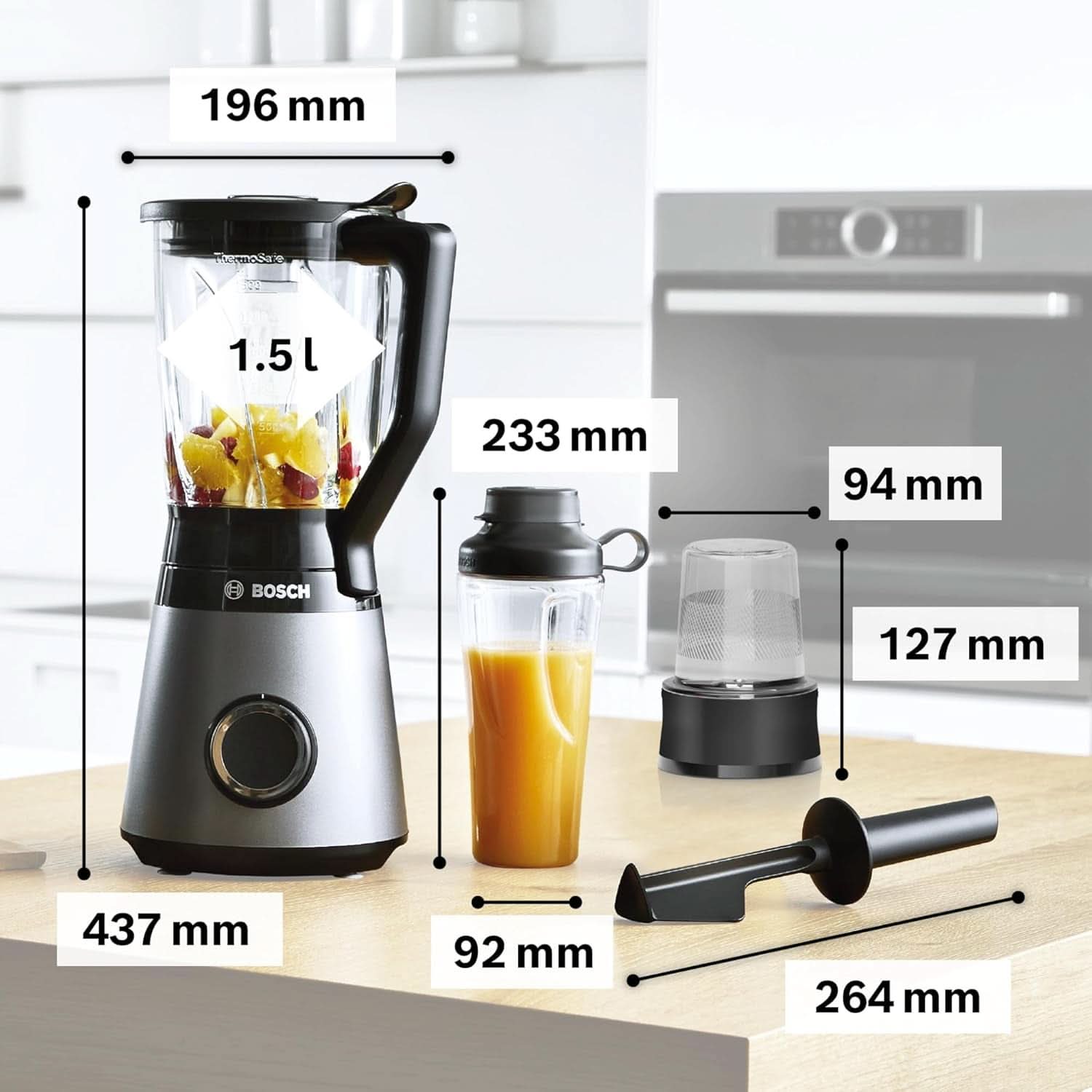 Mikser stojący Bosch Vitapower Serie 4 MMB6177S, Edelstahl-Klingen Made in Germany, 1,5 l Thermosafe Glasbehälter, 0,6 l To-Go-Flasche, Stopfer, Universalzerkleinerer, 30 000 U/Min, 1200 W, Silver Kitchen Naty Shop