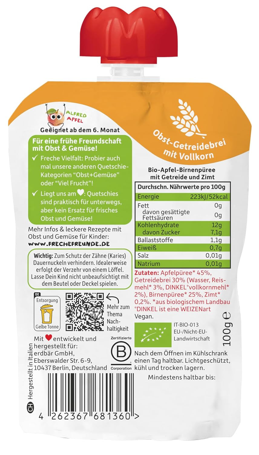 FRECHE FREUNDE Organiczne saszetki owocowe do wyciskania Jabłko Cynamon Gruszka Ryż Orkisz Puree owocowe ze płatkami zbożowymi dla niemowląt 6 miesięcy + Wegańskie 6 szt. (6 x 100 g)