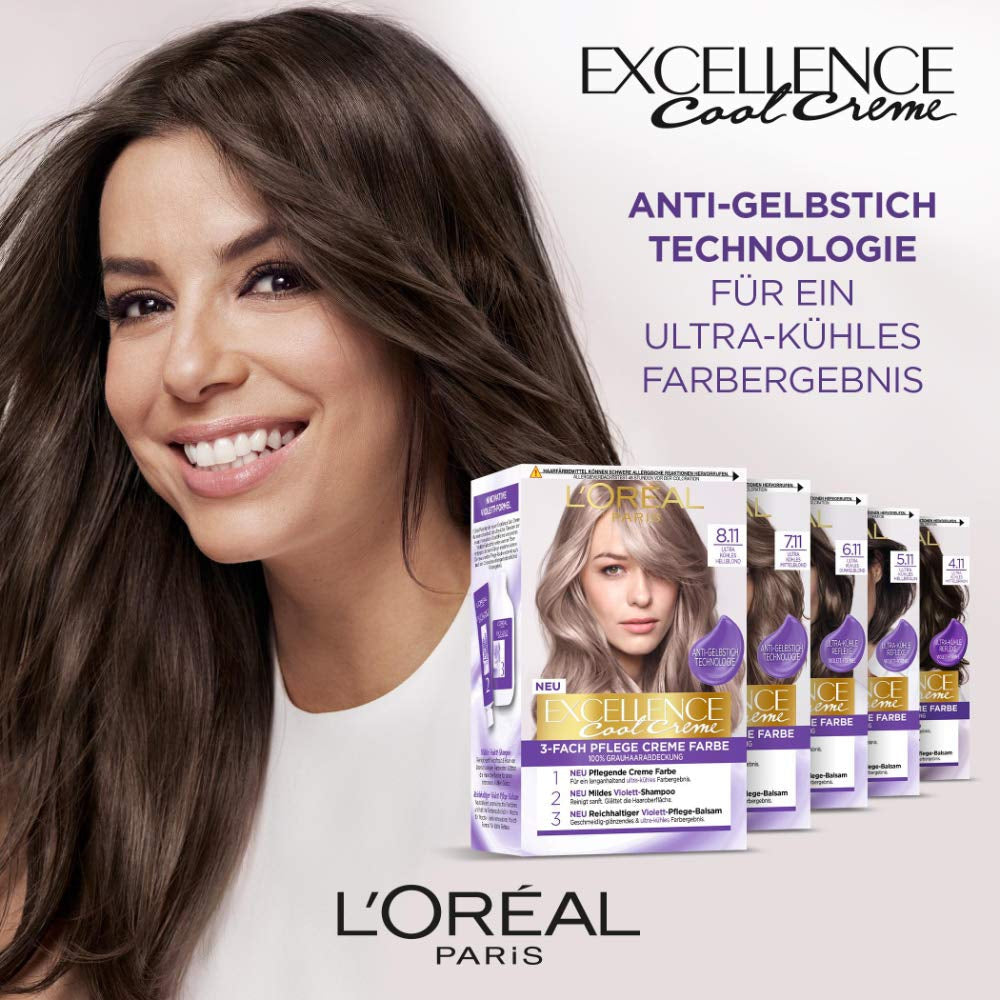 L'Oréal Paris Trwała farba do włosów zapewniająca ultra chłodny efekt kolorystyczny, 100% pokrycia siwych włosów, zestaw koloryzujący, szampon i krem pielęgnacyjny, Excellence Cool Creme, nr 7.11 Ultra chłodny średni blond (Blond) Farba do włosów Naty Shop