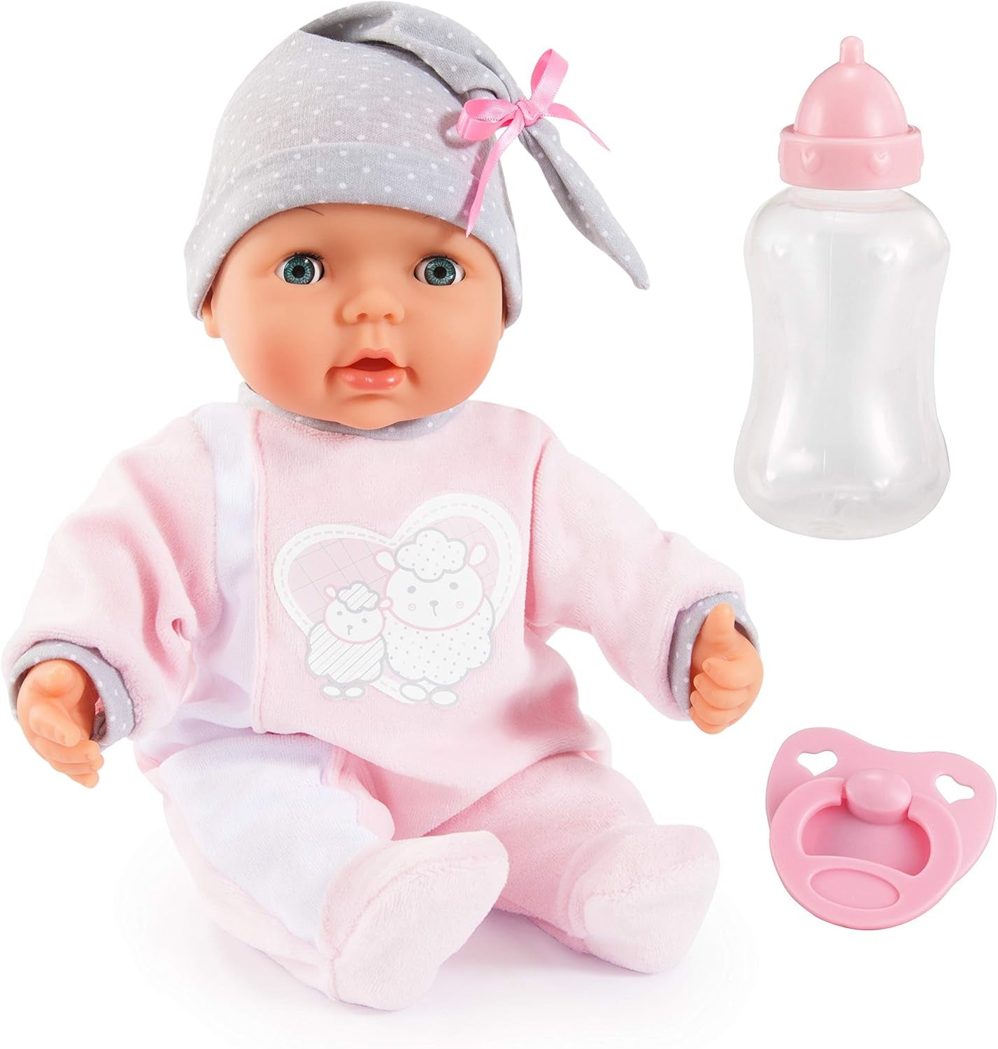 Bayer Design 93829AA Interaktywna lalka My Piccolina z funkcją, Mówiąca lalka, Porusza ustami, 38 cm, Smoczek, Butelka dla dziecka, Różowy, Szary