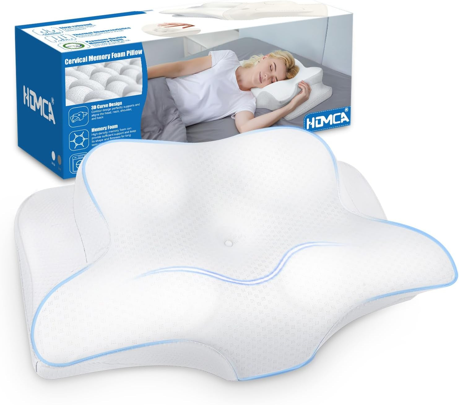 HOMCA Poduszka na szyję, ergonomiczna poduszka z pianki memory. Pokrowiec na poduszkę chłodzącą 3D do pozycji leżącej, bocznej lub na brzuchu, 62 x 41 x 9,5/12,5 cm Poduszki ortopedyczne szyjki macicy Naty Shop biały