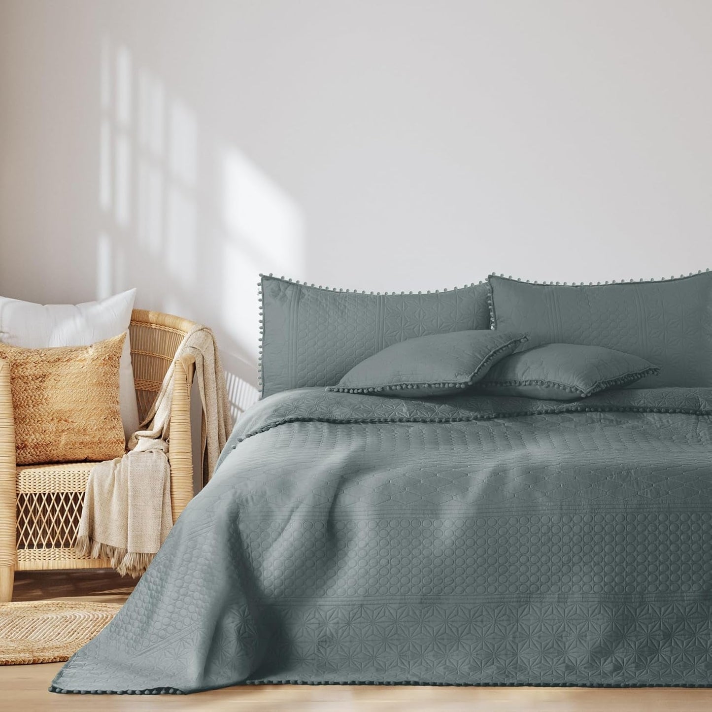 Ameliahome Narzuta z pomponami 220X240 cm Narzuta dwustronna Pikowanie ultradźwiękowe Poliester Meadore Szary Łóżka i koce Besuche den AmeliaHome-Store Meadore szary 220X240 cm