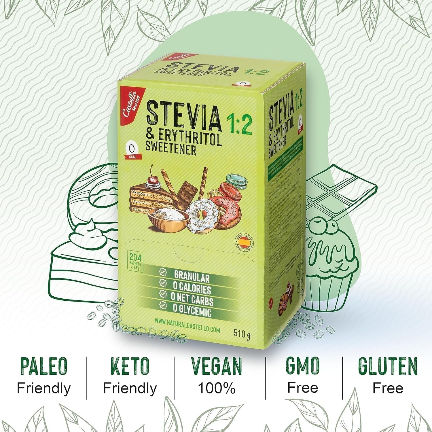 Stewia + Erytrytol 1:2 Süßstoff | 204 Torba Mit 2,5 G | 100% Natürlicher Zuckerersatz - 0 Kalorien - 0 Glykämischer Index - Keto Und Paleo - 0 Kohlenhydrat - Kein GVO - Castello od 1907-510 G Słodziki Naty Shop