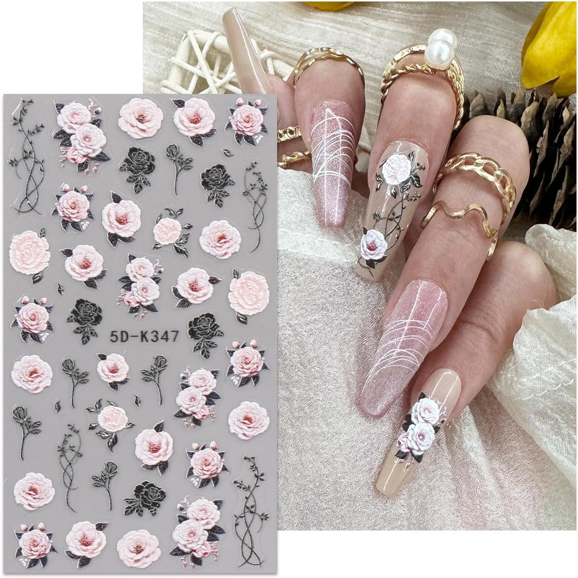 JMEOWIO 3D Nagelsticker Blumen Nail Art Naklejka Selbstklebend Nagelaufkleber 5D Stereoskopisch Frühling Sommer Dekoration Nageldesign Zubehör 4 Blatt