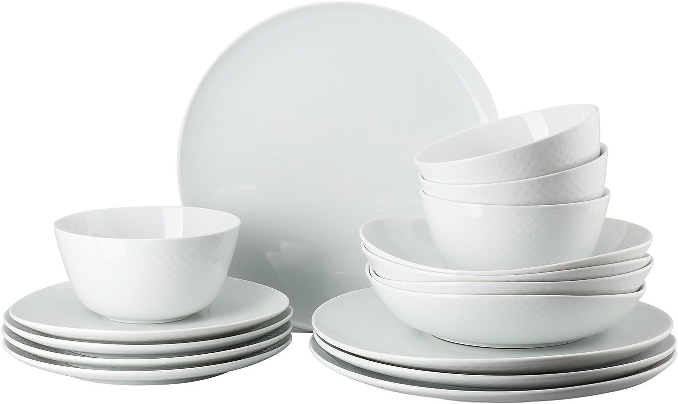 Zestaw zastawy stołowej Rosenthal Junto White, porcelana, biała, płaskie talerze, talerze obiadowe Ø 22 cm, talerze obiadowe Ø 21,5 cm i miski na płatki Ø 14 cm, 0,62 l, można myć w zmywarce i używać w kuchence mikrofalowej, zestaw dla 4 osób