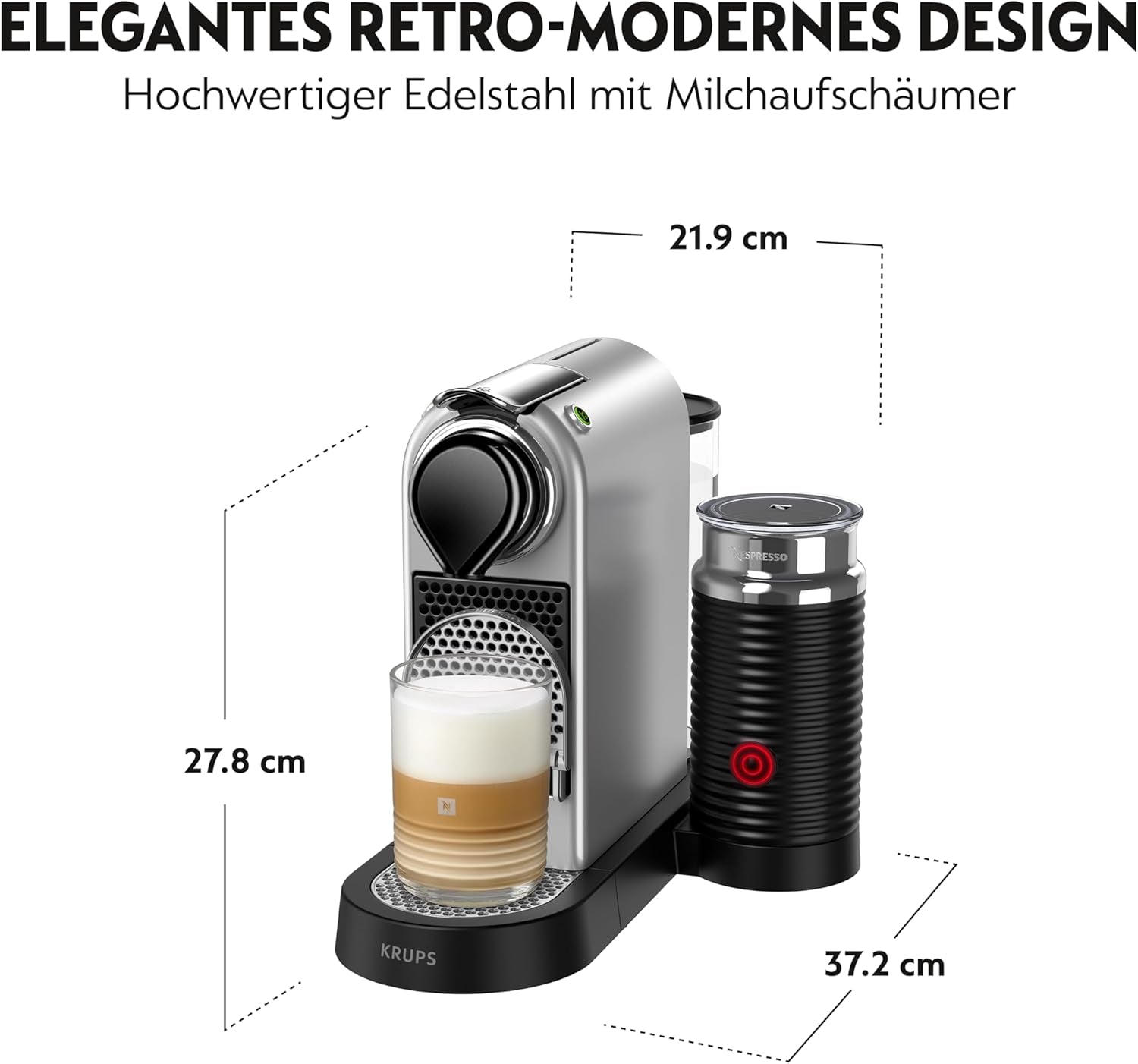 Ekspres do kawy z kapsułkami Nespresso XN761B Citiz&Milk | Automatyczny tryb gotowości | 1260 watów | Pojemność zbiornika na wodę: 1 l | Ciśnienie pompy: 19 bar | Srebrny