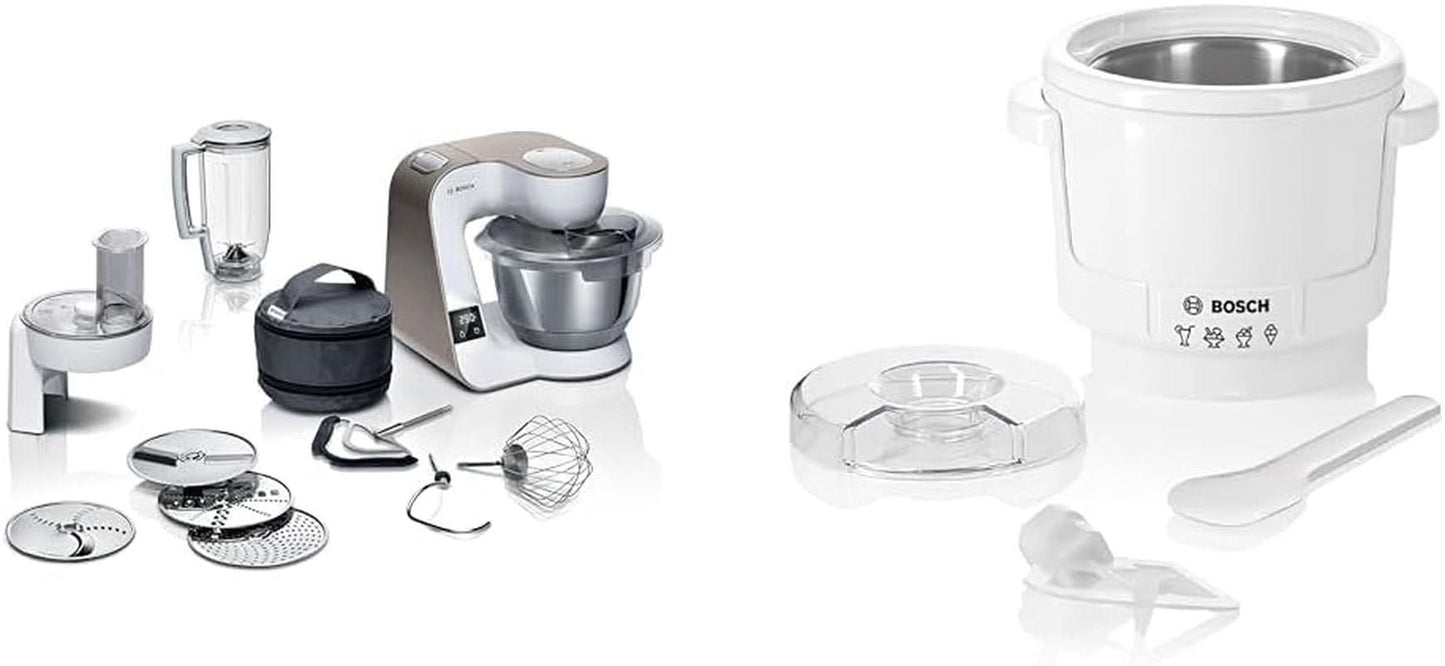 Robot kuchenny Bosch Series 4 MUM5X720, zintegrowana waga, miska ze stali nierdzewnej 3,9 l, mikser 1,25 l, 1000 W Akcesoria Żywność i karmienie piersią Bebe Naty Shop Pakiet z kostkarką do lodu Biały szampan 2 akcesoria