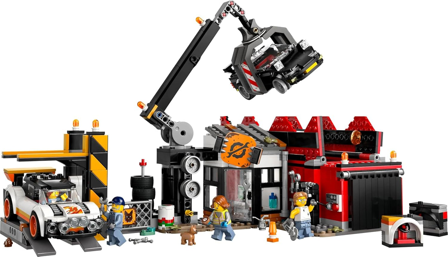 LEGO City złomowisko z samochodami — zabawka z prasą do złomu i dźwigiem, 2 samochodziki, 4 działające minifigurki i budynek biurowy — prezenty urodzinowe dla chłopców i dziewcząt od 8 lat 60472 Zestawy do budowania Besuche den LEGO-Store