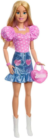 Modna lalka Barbie 71cm blond z odpinanymi ubraniami różowy top spódnica dżinsowa kowbojskie buty naszyjnik i torebka HYT84