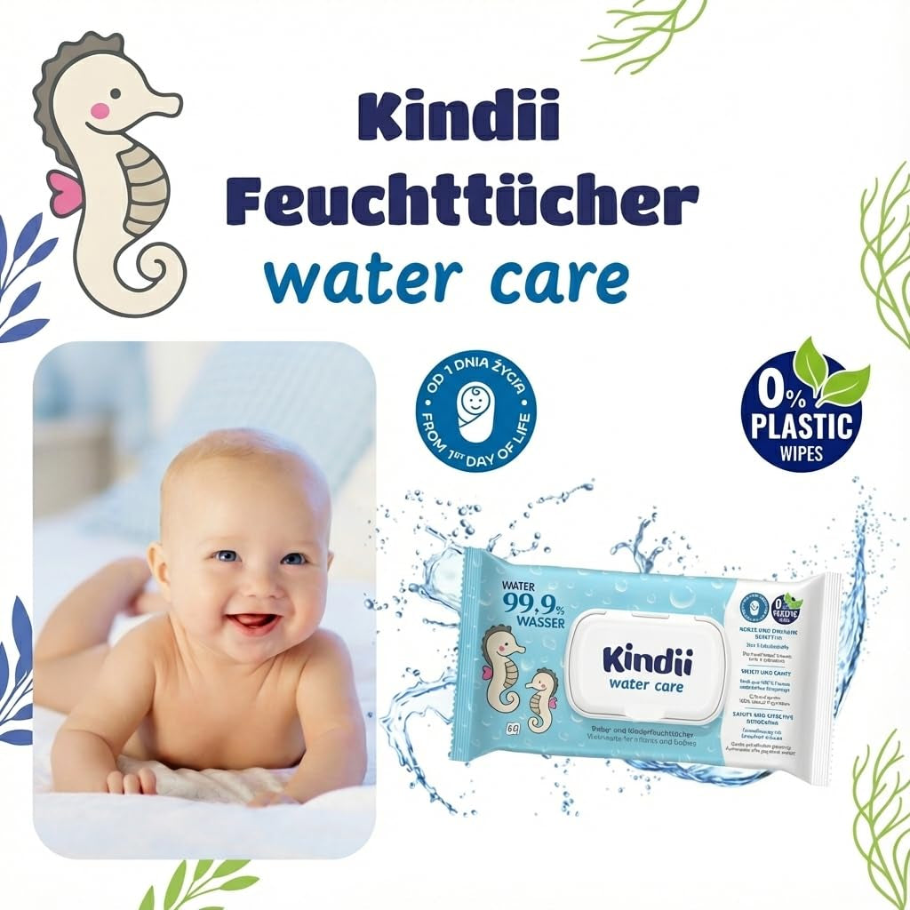 Chusteczki nawilżane Kindii Water Care - Chusteczki Aqua Baby - 100% Wiskoza, 99,9% Woda, Ekstrakt z Grejpfruta, Rozmiar szalika 150x200, 100% Biodegradowalne, Bez Plastiku, Chusteczki Oczyszczające do Skóry Wrażliwej