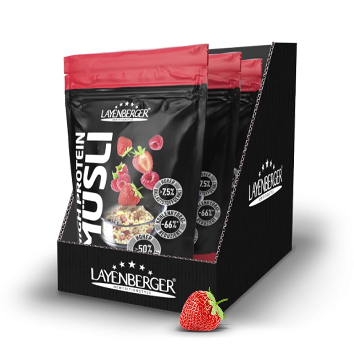 Layenberger 3K High Protein Müsli, 50% Eiweiß i 18% Kohlenhydrat - opakowanie pojedyncze (1X 390 G) - Schoko-Nuss Cereale Naty Shop 1,08 Kg (opakowanie 1Er) Rote Beeren Mix