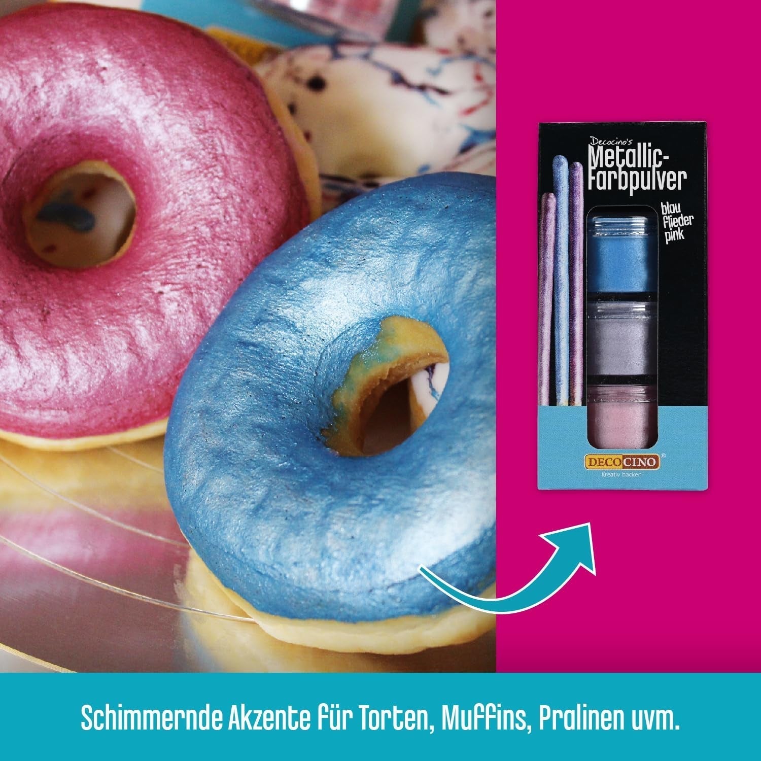 DECOCINO Metallic Pastel Coloring Powder (3X2G) – Niebieski, Liliowy i Różowy – Barwnik spożywczy w proszku – Brokatowy Proszek Nadaje się do kremów i dekoracji ciast!