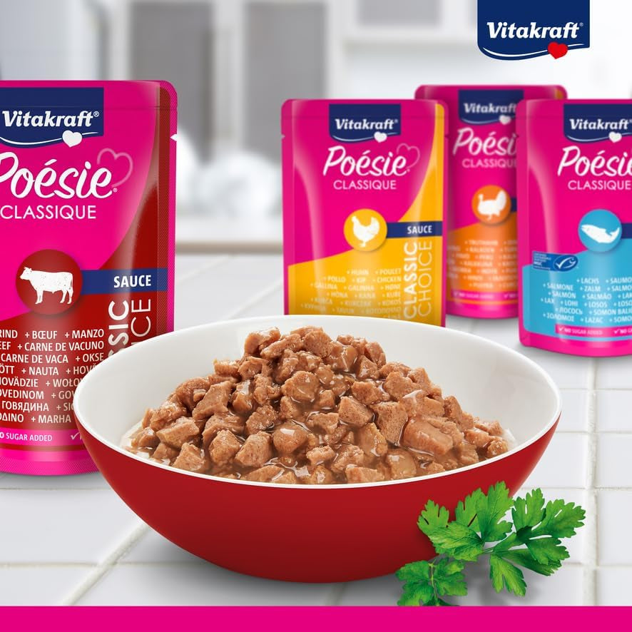 Vitakraft Poésie Classique, mokra karma dla kota, karma dla kota w sosie, z kurczakiem, z indykiem, z wołowiną, z łososiem, bez dodatku cukru i zbóż (1 opakowanie 12 x 85g)
