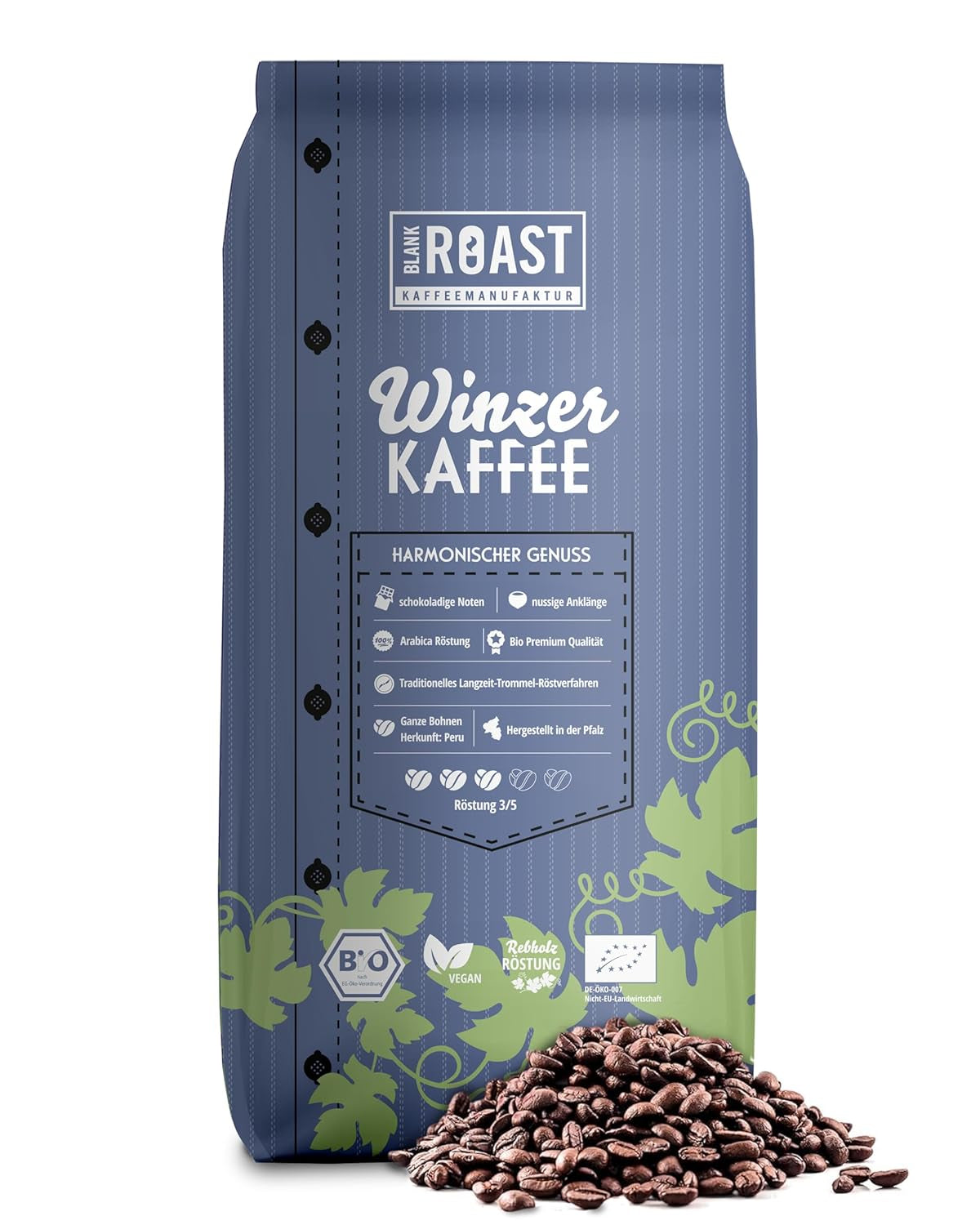 Blank Roast - BIO Winzer Kaffee 1000g - schonend mit Pfälzer Rebholz geröstet - ganze Kaffee-Bohnen aus Peru - 100% Arabica Röstung - schokoladig & nutig - säurearm