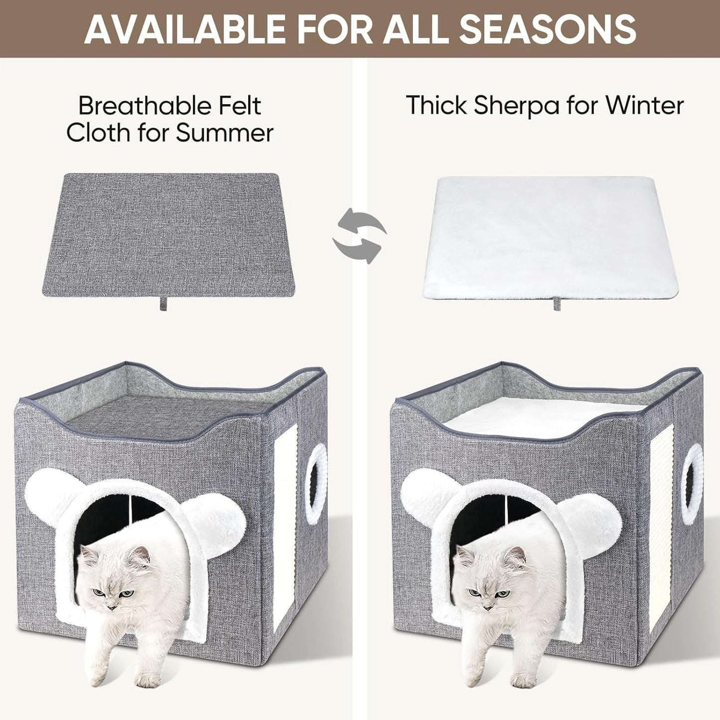 Katzenbetten für Indoor Katzen, Faltbares Katzenhaus, Katzenhöhle 2 Schicht Würfel Großer Raum Katzenbett mit Kratzbrett und Spielball, 15,8 x 15,8 x 15 cali