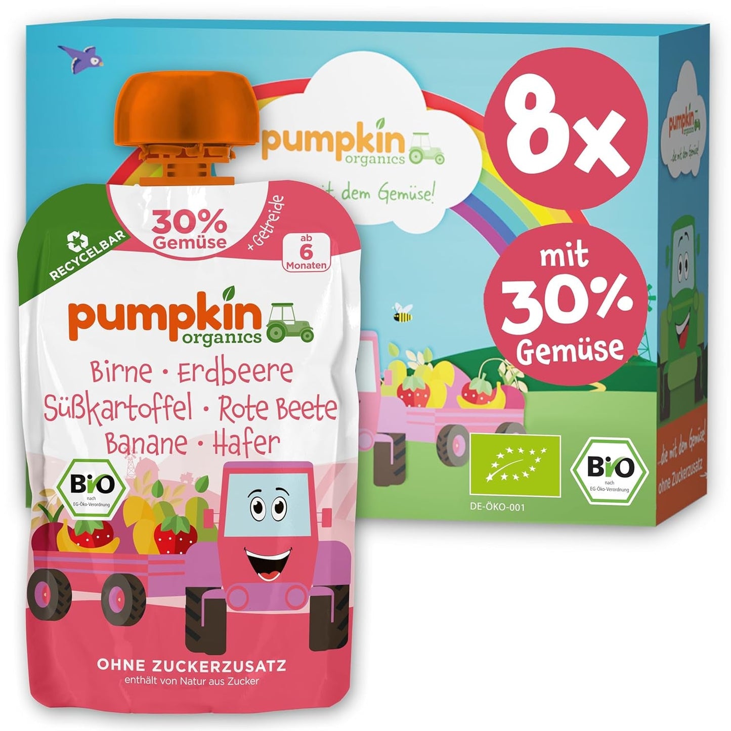 Pumpkin Organics torebki z organicznymi warzywami i zbożami, opakowanie 8 szt.: Gruszka, Truskawki, Bataty, Buraki, Banany, Owies - Bez dodatku cukru¹ - Od 6 miesiąca życia - jako przekąska lub pokarm uzupełniający w opakowaniu (8 x 100g)
