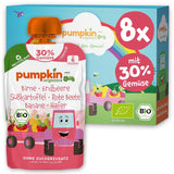 Pumpkin Organics torebki z organicznymi warzywami i zbożami, opakowanie 8 szt.: Gruszka, Truskawki, Bataty, Buraki, Banany, Owies - Bez dodatku cukru¹ - Od 6 miesiąca życia - jako przekąska lub pokarm uzupełniający w opakowaniu (8 x 100g)