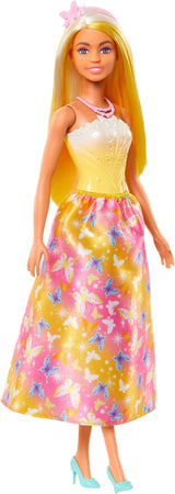 Lalka Barbie Royal z fantazyjnymi włosami i kolorowymi pasmami, kolorowymi dodatkami, gradientowym żółtym topem i spódniczką w kształcie motyla, HRR09 Naty Shop Dolls Domyślny tytuł