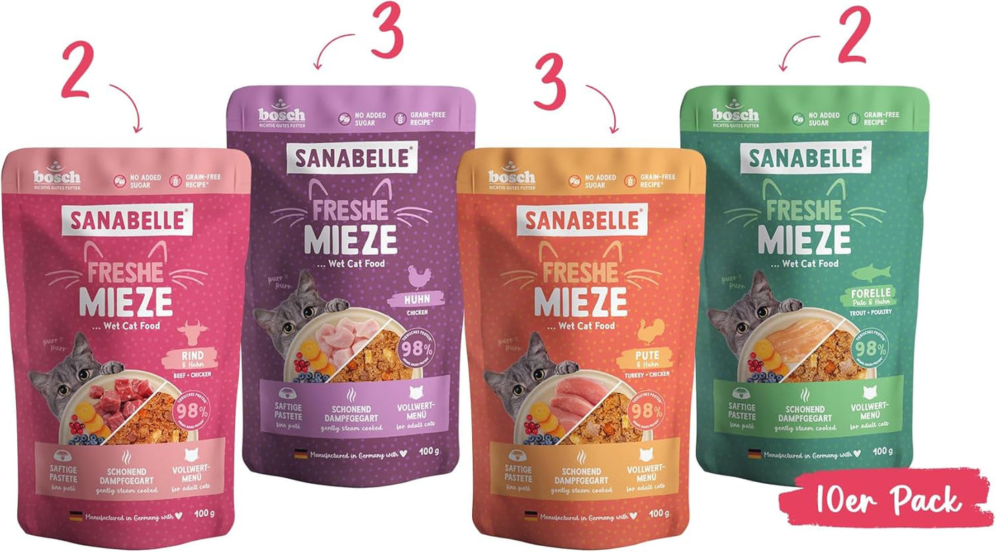 Sanabelle Freshe Mieze - Taca mieszana | 10 x 100g opakowanie mieszane | 4 pyszne odmiany karmy dla kotów, których warto spróbować | Mokra karma dla kotów gotowana na parze, zupełnie jak świeżo ugotowana