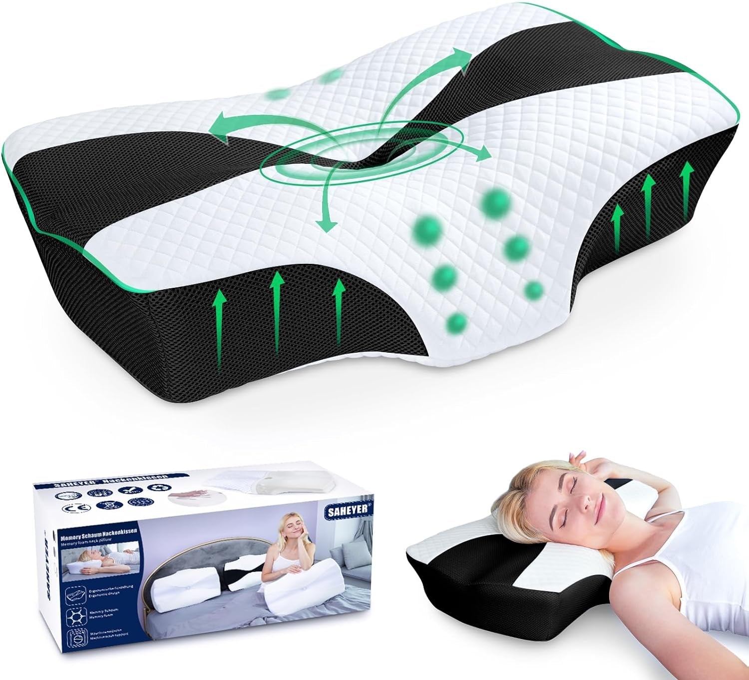 Poduszka ortopedyczna SAHEYER poduszka podtrzymująca szyję poduszka pod głowę ergonomiczna poduszka pod szyję poduszka boczna do spania 60 X 40 X 13/11 cm poduszka z pianki memory dla śpiącego na boku plecy i brzuch Poduszki ortopedyczne szyjki macicy Naty Shop czarny